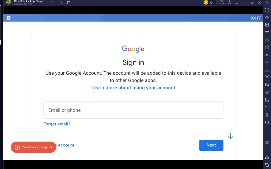 Google sign in screen inside BlueStacks