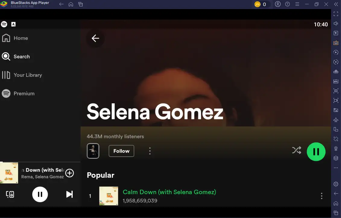 Playing a Selena Gomez song using Spotify APK in BlueStacks