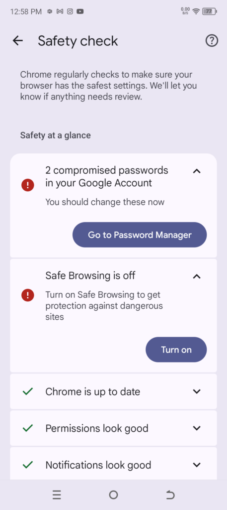 safety check setting in Google Chrome