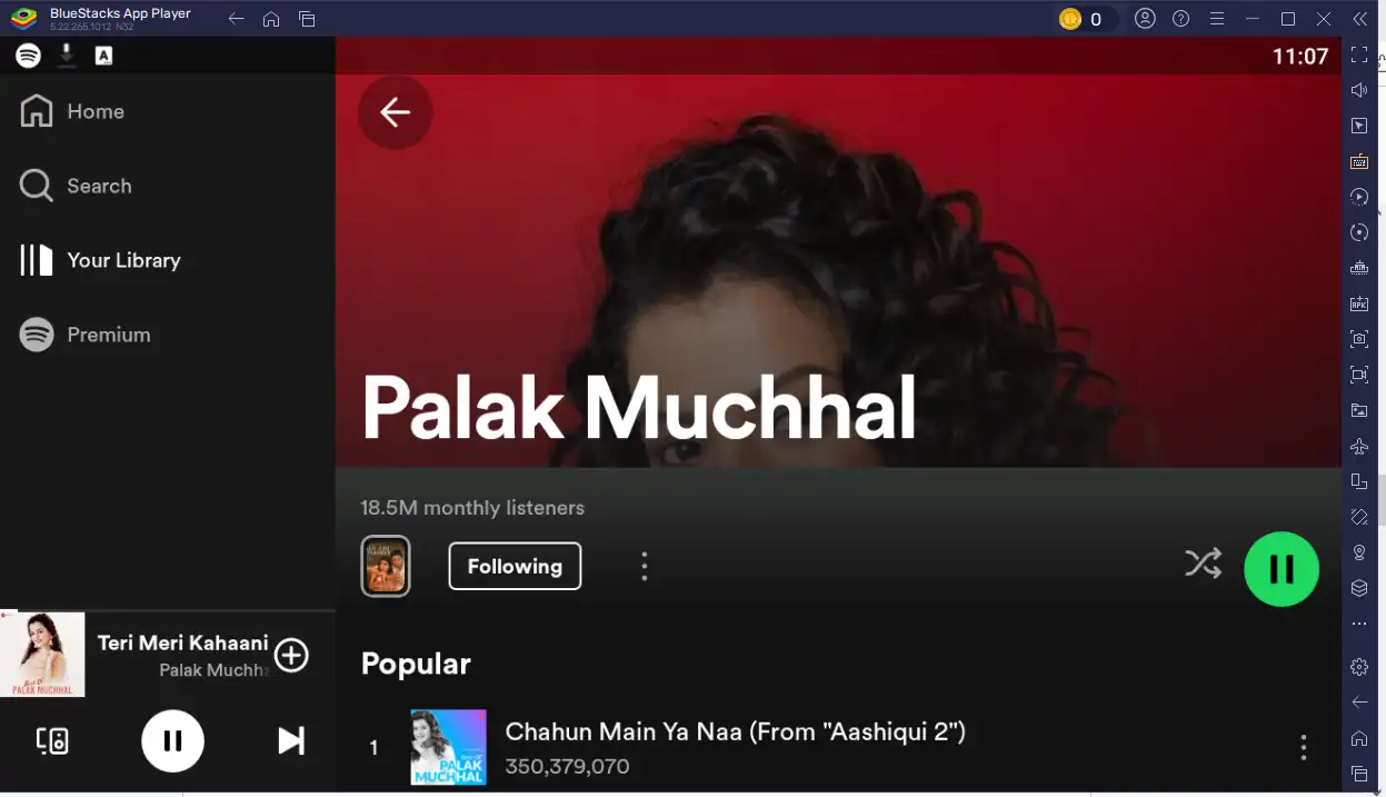 Spotify playing a song inside BlueStacks on Windows