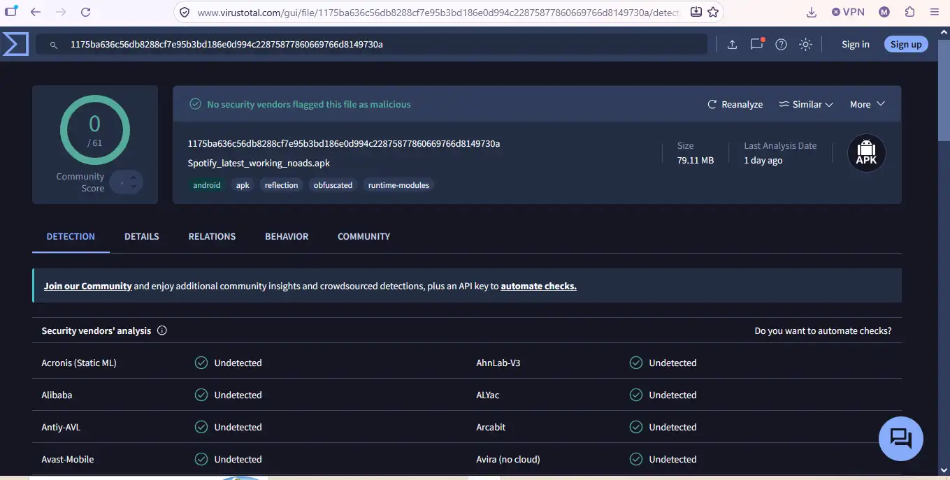VirusTotal scan showing 0 out of 61 security vendors flagged the Spotify Premium APK
