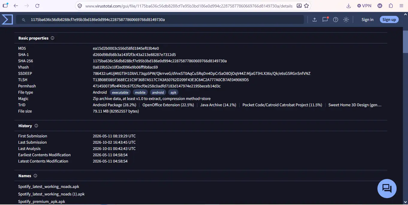 VirusTotal file details showing Spotify Premium APK file size and SHA-256 hash